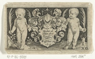 Impressão do título com duas crianças com folha de palmeira ao lado do brasão Frísios com crianças, anjos e animais (título da série) de Nicolaes de Bruyn