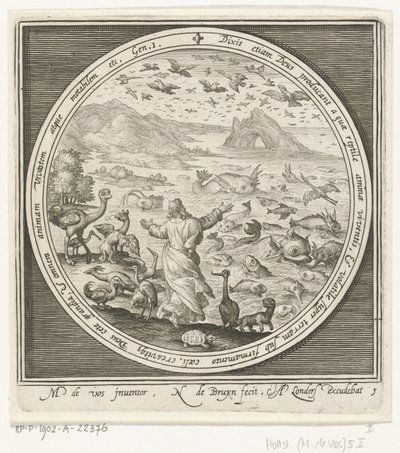 Quinto dia da criação: Deus cria peixes e aves
Da criação à expulsão do paraíso (título da série) de Nicolaes de Bruyn