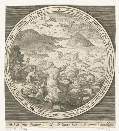 Quinto dia da criação: Deus cria peixes e aves
Da criação à expulsão do paraíso (título da série) de Nicolaes de Bruyn