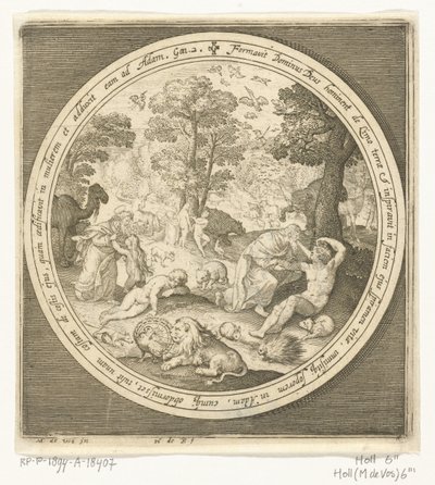 Sexto dia da criação: Deus cria os animais e Adão e Eva
Da criação à expulsão do paraíso (título da série) de Nicolaes de Bruyn