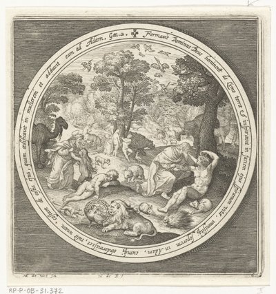 Sexto dia da criação: Deus cria os animais e Adão e Eva
Da criação à expulsão do paraíso (título da série) de Nicolaes de Bruyn