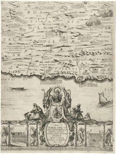 Kaart van Palestina Uma nova descrição da Terra Santa ou terra prometida (título no objeto) de Nicolaes van Geelkercken