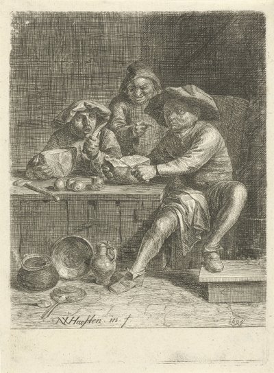 Agricultores em uma mesa com pão de Nicolaes van Haeften