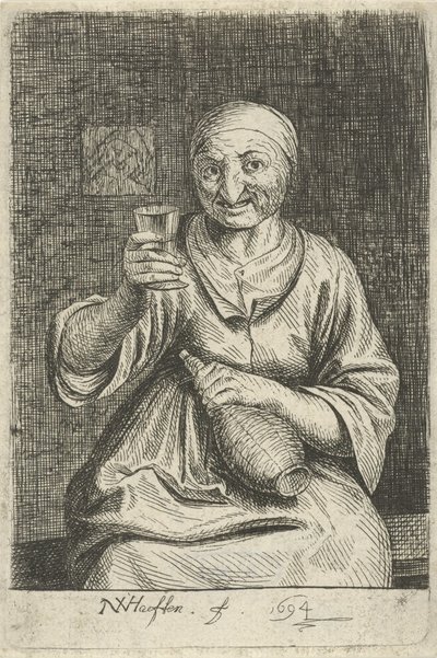 Mulher idosa com vidro e jarro de Nicolaes van Haeften