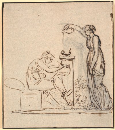 Um lúmen de gênio. Uma mulher sentada escreve, à direita dela outra mulher derrama óleo em uma lâmpada de Nicolai Abildgaard