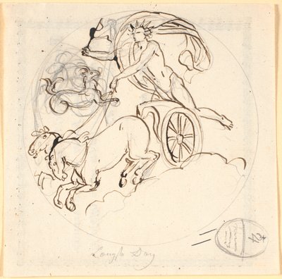 Apollo dirigindo sua carruagem solar para baixo; acima, o signo celestial de Capricórnio emoldurado por um círculo. O motivo retrata o dia mais longo de Nicolai Abildgaard