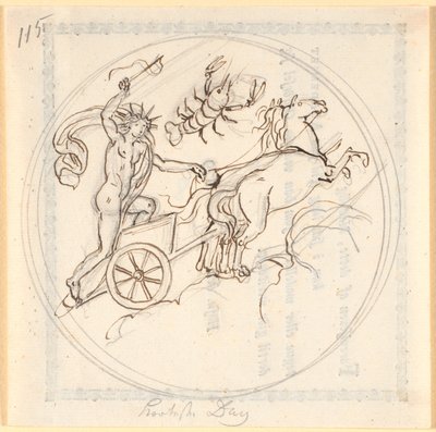 Apollo dirigindo sua carruagem solar para cima; acima do signo celestial de Câncer; emoldurado circularmente; produz o dia mais curto de Nicolai Abildgaard