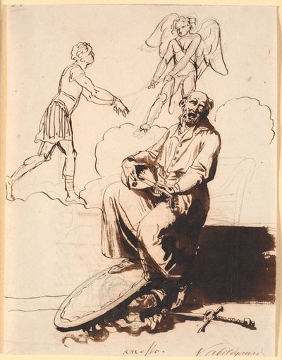 Ariosto, sentado com um alaúde, armas aos pés, ao fundo Cupido arrasta um homem atrás de si de Nicolai Abildgaard