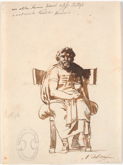 Batyllus, ator no tempo de Augusto, sentado em uma pesada cadeira antiga, de frente, com um cálice na mão de Nicolai Abildgaard