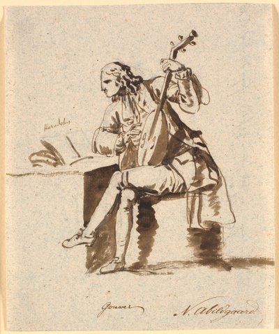 O poeta inglês Gower sentado com um alaúde em uma mesa na qual Heródoto está esparramado de Nicolai Abildgaard