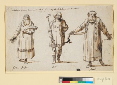 Estudos de terno. Provavelmente para o teatro. Três figuras, um padre Herta, um drot e um bardo de Nicolai Abildgaard