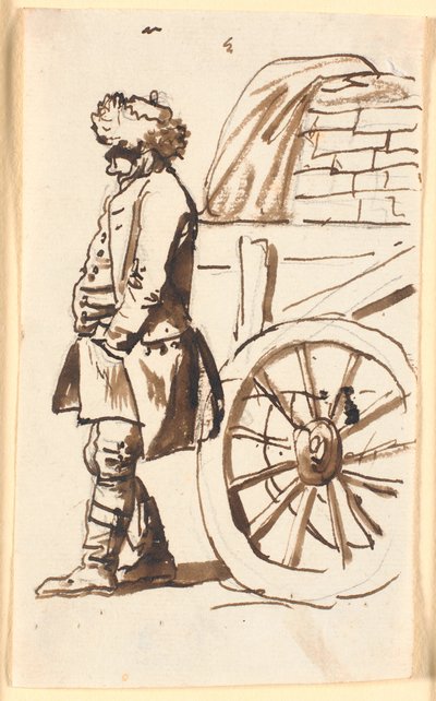 Um agricultor com um chapéu flexível, de pé ao lado de um veículo de Nicolai Abildgaard