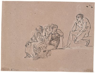 Um grupo composto por um velho e duas mulheres sentadas que se voltam para um homem sentado mais alto de Nicolai Abildgaard