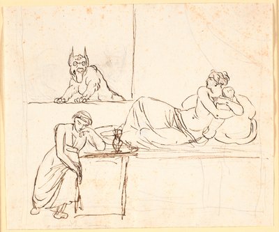 Uma mulher deitada com um bebê em uma cama vê um monstro aparecer na janela. Ao pé da cama está uma mulher adormecida de Nicolai Abildgaard