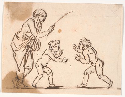 Uma mulher com uma bengala, que ela levanta para dois meninos que estão prestes a brigar de Nicolai Abildgaard