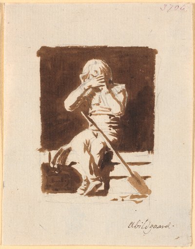 Um garotinho chorando, sentado com uma pá ou um remo, na beira de um barco (?) de Nicolai Abildgaard