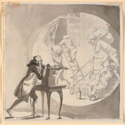 Um homem com uma laterna magica mostra um roubo ocorrendo sob o nariz do guarda adormecido de Nicolai Abildgaard