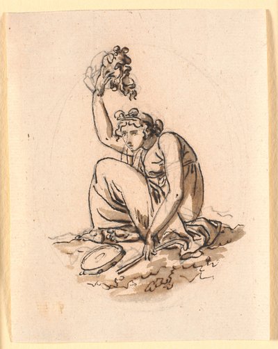 Uma mulher sentada levantando uma máscara bem acima da cabeça de Nicolai Abildgaard
