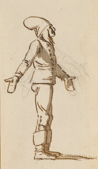 Um menino de pé com um grande chapéu na cabeça e luvas nas mãos estendidas de Nicolai Abildgaard