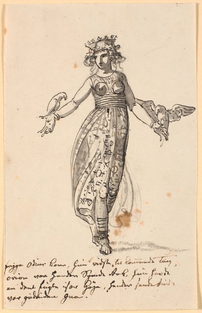 Frigga, andando, com um par de falcões nos braços estendidos. Bem como algumas linhas de notas do artista de Nicolai Abildgaard