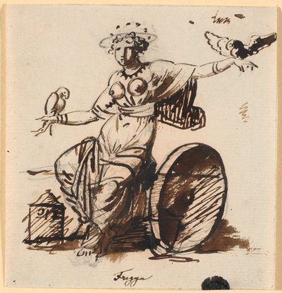 Frigga, sentada, com um falcão em cada uma das mãos de Nicolai Abildgaard