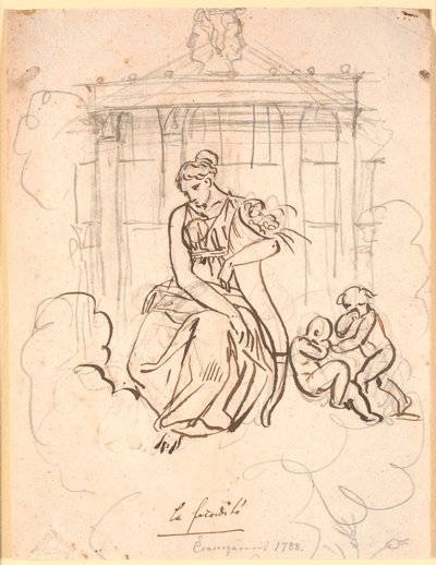 A deusa da fertilidade, sentada em frente ao Templo de Janus com um casal de crianças brincalhonas (pequenas) de Nicolai Abildgaard