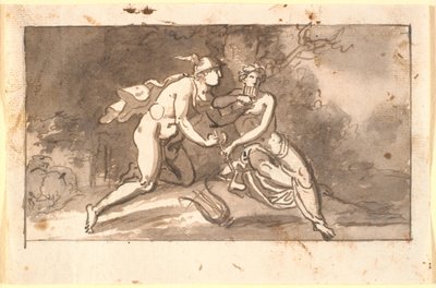 Hermes ensina um jovem (Apolo?) a tocar flauta de Nicolai Abildgaard