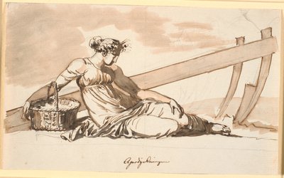 Mulher descansando na frente de um arado. Alegoria do cultivo arvense de Nicolai Abildgaard