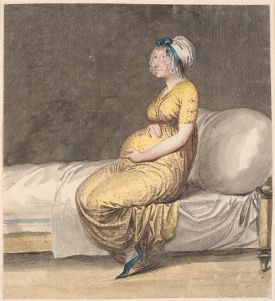 Caricatura de uma esposa grávida sentada na beira de uma cama de Nicolai Abildgaard