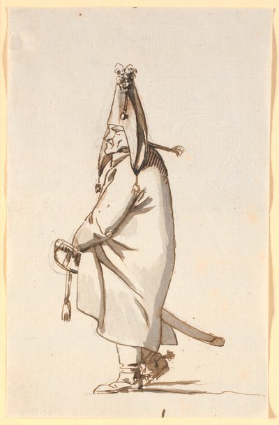 Caricatura de uma figura militar em um longo manto, montando seu sabre como um faz-tudo de Nicolai Abildgaard