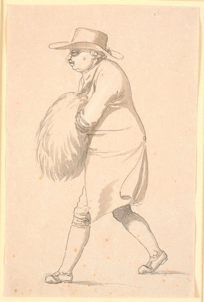 Caricatura, possivelmente do professor Münter, andando para a esquerda, mãos algemadas de Nicolai Abildgaard