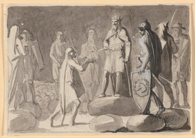 Rascunho de Composição; um rei, cercado por guerreiros em uma corte, dá a espada de um cavaleiro a um homem de Nicolai Abildgaard
