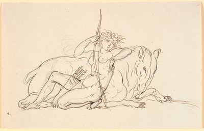 Figura feminina com flechas e aljava, sentada encostada em um animal imaginário (possivelmente um tamanduá). Alegoria da América de Nicolai Abildgaard