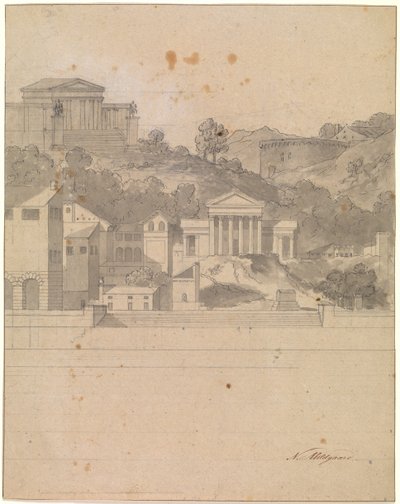 Paisagem com edifícios antigos. Rascunho de decoração de Nicolai Abildgaard