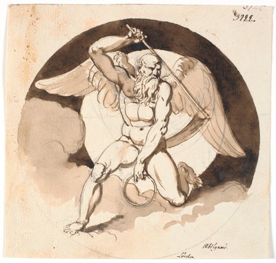 Sábado. Figura masculina alada do Tempo ou da Morte, com uma foice em uma mão, um anel fechado na outra de Nicolai Abildgaard
