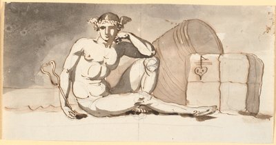 Mercúrio, sentado por fardos de mercadorias. Alegoria do comércio de Nicolai Abildgaard