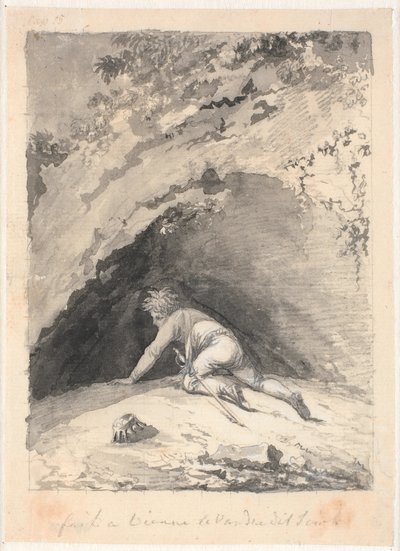 Niels Klim rasteja para dentro da caverna de Nicolai Abildgaard