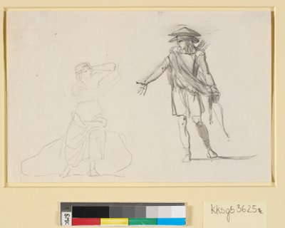 Passo entre duas figuras. À esquerda uma mulher sentada com o torso nu, à direita um homem ambulante com arco e aljava de Nicolai Abildgaard