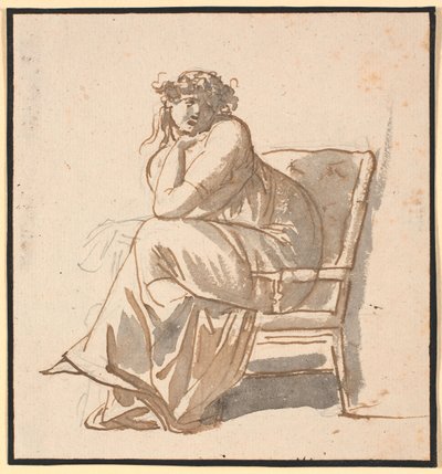 Foto de perfil da segunda esposa do artista Juliane Marie Abildgaard b. Ottesen, grávida, sentada em uma poltrona com o queixo apoiado na mão e o cotovelo no joelho de Nicolai Abildgaard