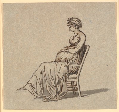 Foto de perfil da segunda esposa do artista, sentada em uma poltrona, grávida de Nicolai Abildgaard