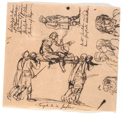 O triunfo da justiça. Quatro homens armados carregam uma maca, com uma figura estendida e outra sentada de Nicolai Abildgaard