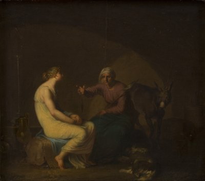 A governanta da gangue de ladrões conforta a jovem contando o mito de Cupido e Psique. Motivo de Apulejus: O burro dourado de Nicolai Abildgaard