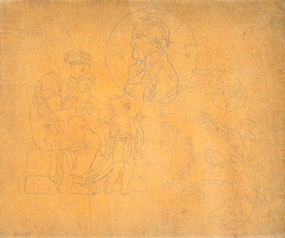 Mulher sentada com dois filhos e retrato em perfil na composição do círculo de Nicolai Abildgaard