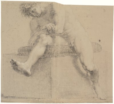 Modelo sentado em pedestal baixo com almofada. Braços cruzados. Perna esquerda dobrada, perna direita estendida de Nicolai Abildgaard