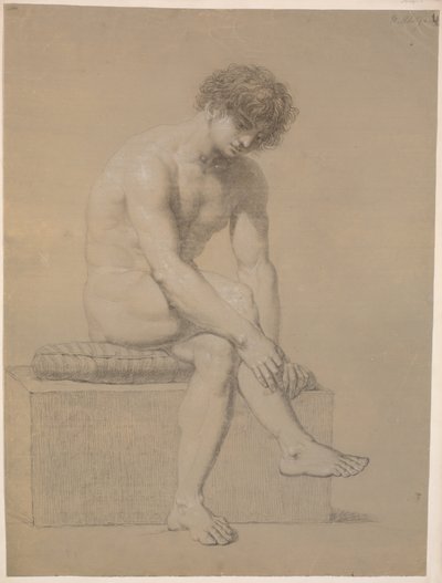 Modelo sentado em pedestal baixo com almofada. Virado à direita. Braços caídos. Pernas cruzadas de Nicolai Abildgaard