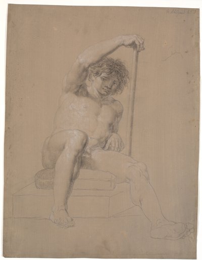 Modelo sentado em pedestal baixo com almofada. Vista frontal. Na mão esquerda um bastão. Perna direita estendida de Nicolai Abildgaard