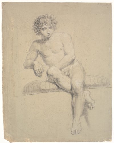 Modelo sentado em pedestal baixo com almofada. Vista frontal. Pernas cruzadas de Nicolai Abildgaard
