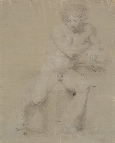 Modelo sentado em pedestal com almofada. Vista frontal. Mão direita sob a axila esquerda de Nicolai Abildgaard