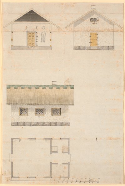 Seção Construção e planta de uma casa de chá no parque Sorgenfri de Nicolai Abildgaard