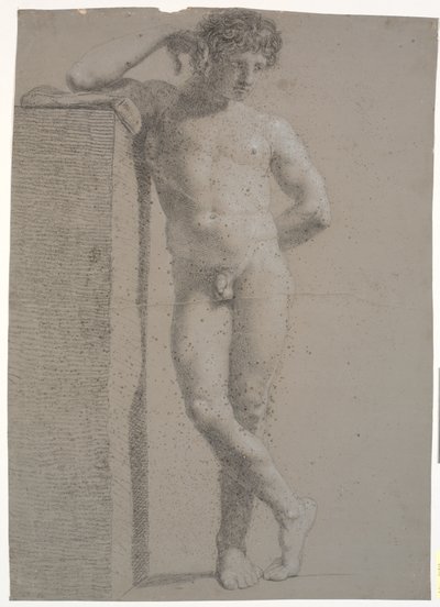 Modelo em pé. Vista frontal. Braço direito apoiado em pedestal alto. Pernas cruzadas de Nicolai Abildgaard